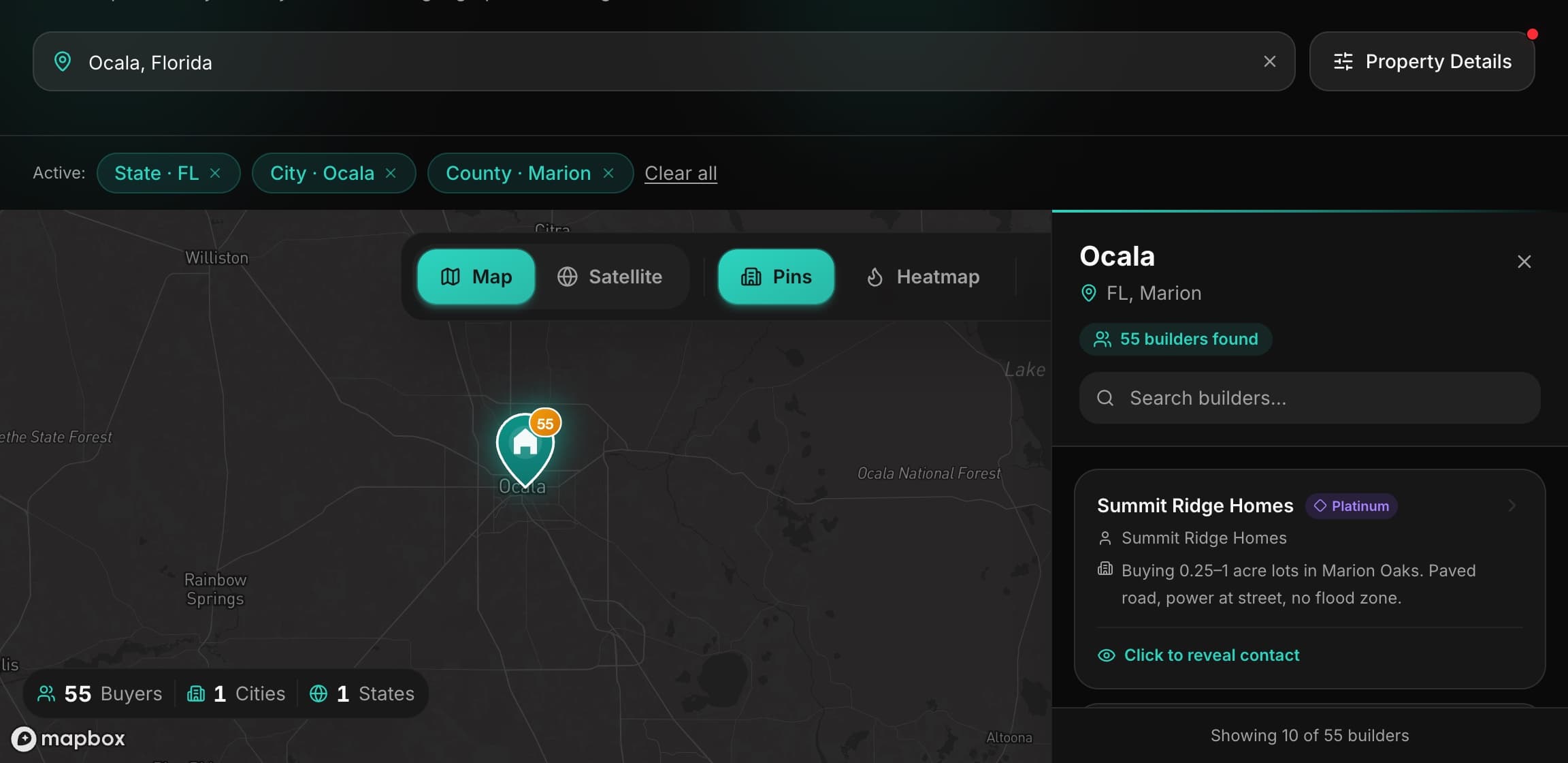 LandAtlas matching 55 builders to a search in Ocala, Florida on the market map.