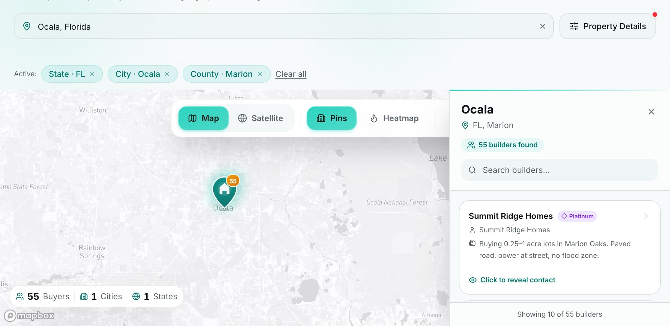 LandAtlas matching 55 builders to a search in Ocala, Florida on the market map.