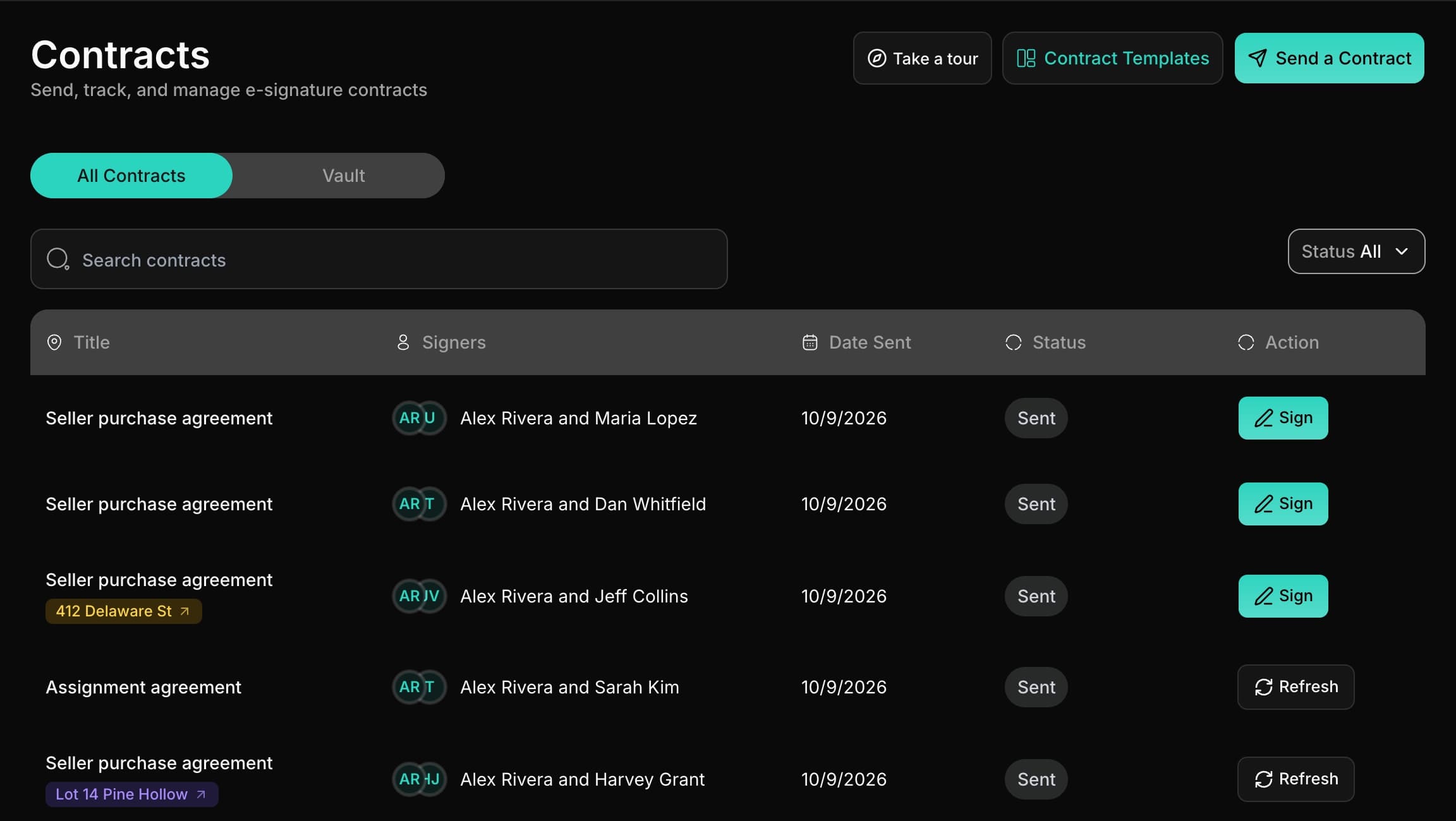 LandAtlas contracts list showing sent and viewed DocuSign agreements with a Sign action.