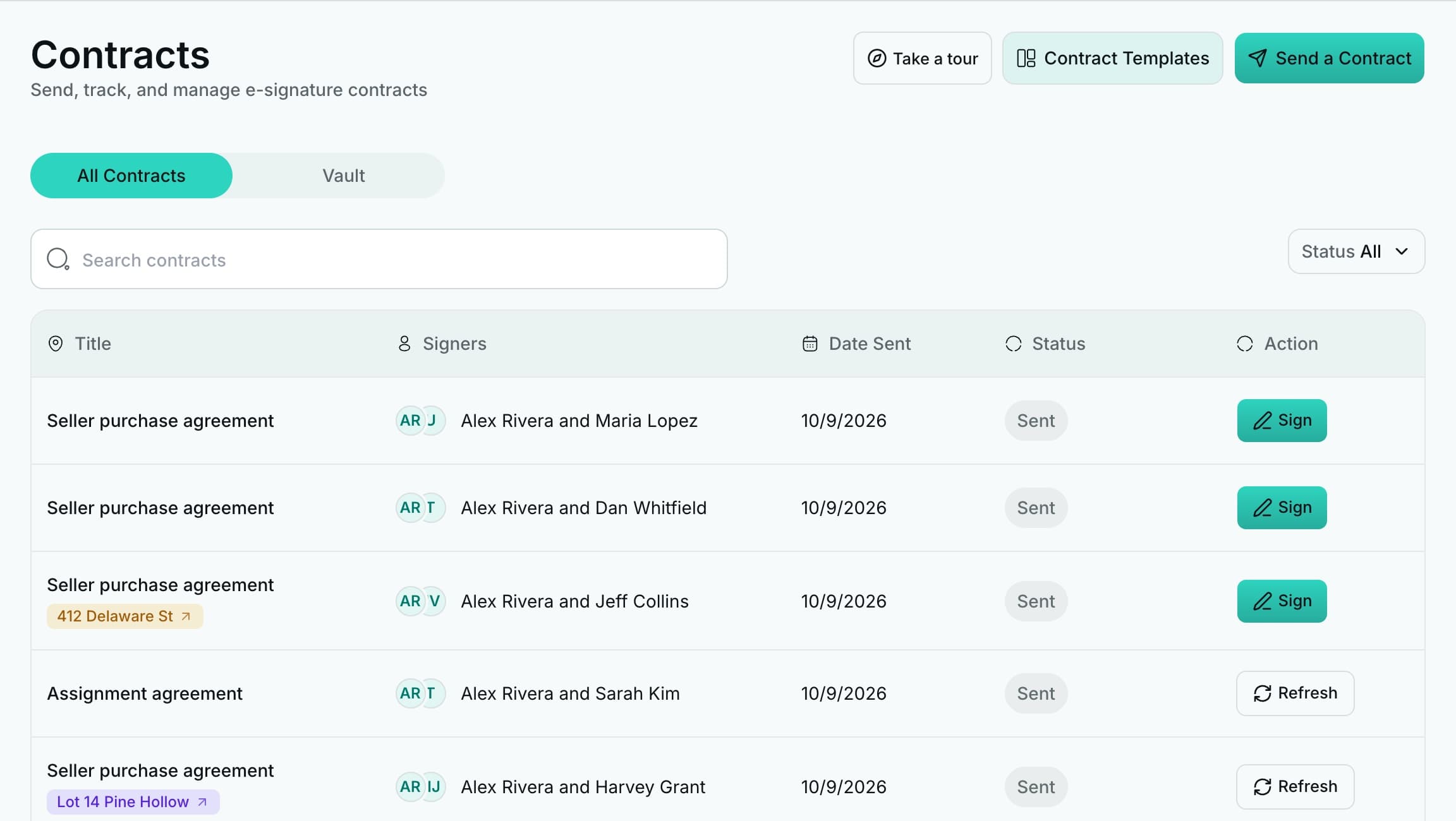 LandAtlas contracts list showing sent and viewed DocuSign agreements with a Sign action.