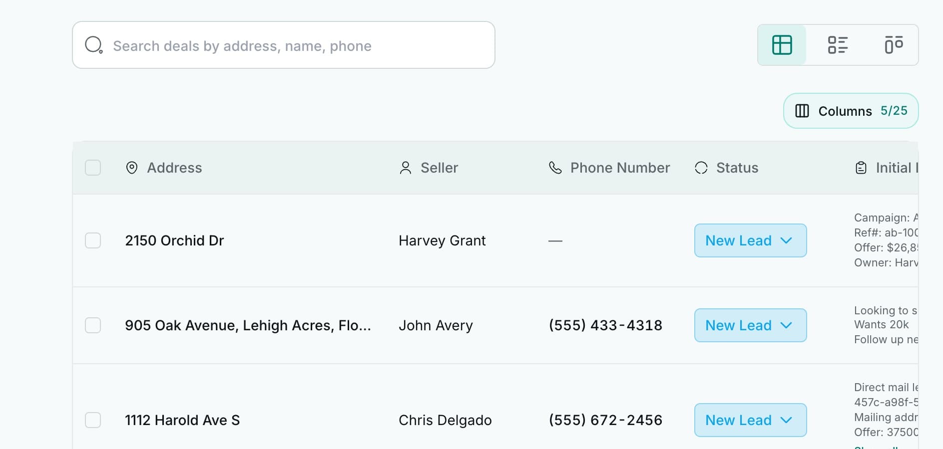 The LandAtlas deals board listing seller leads with their status and notes.