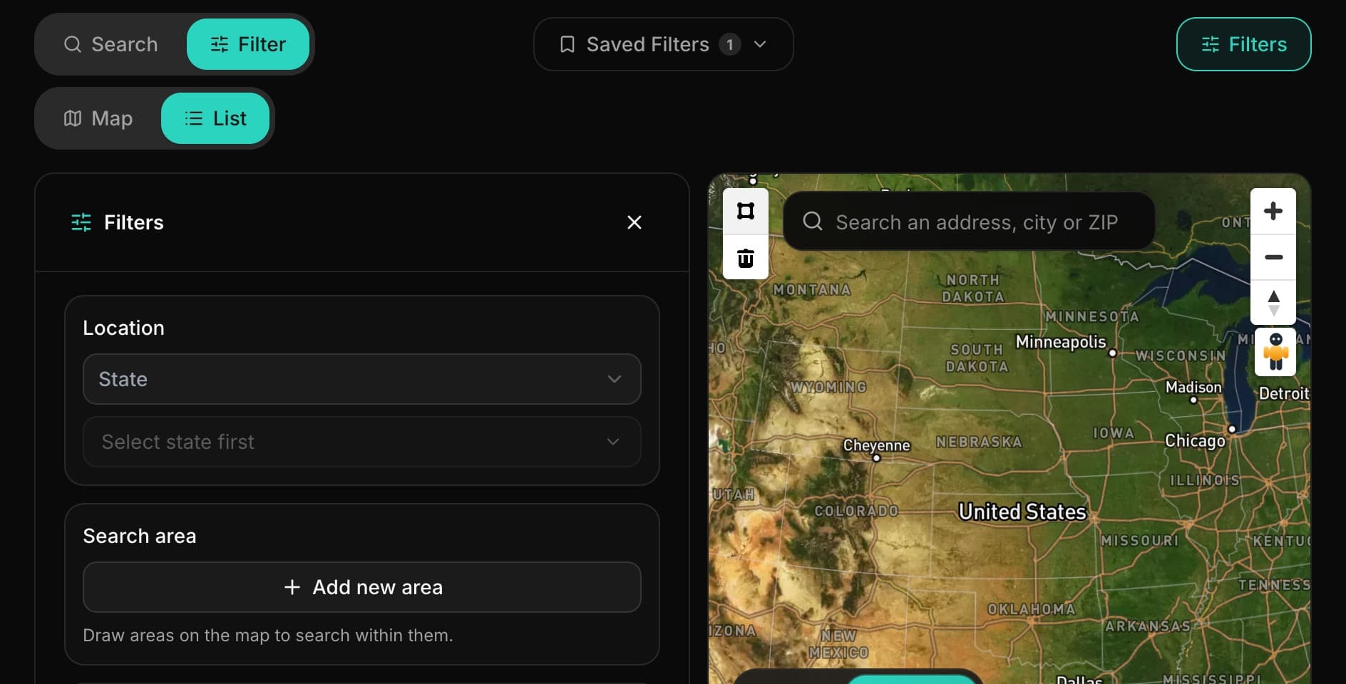 LandAtlas property data filters beside a satellite map for drawing a search area.