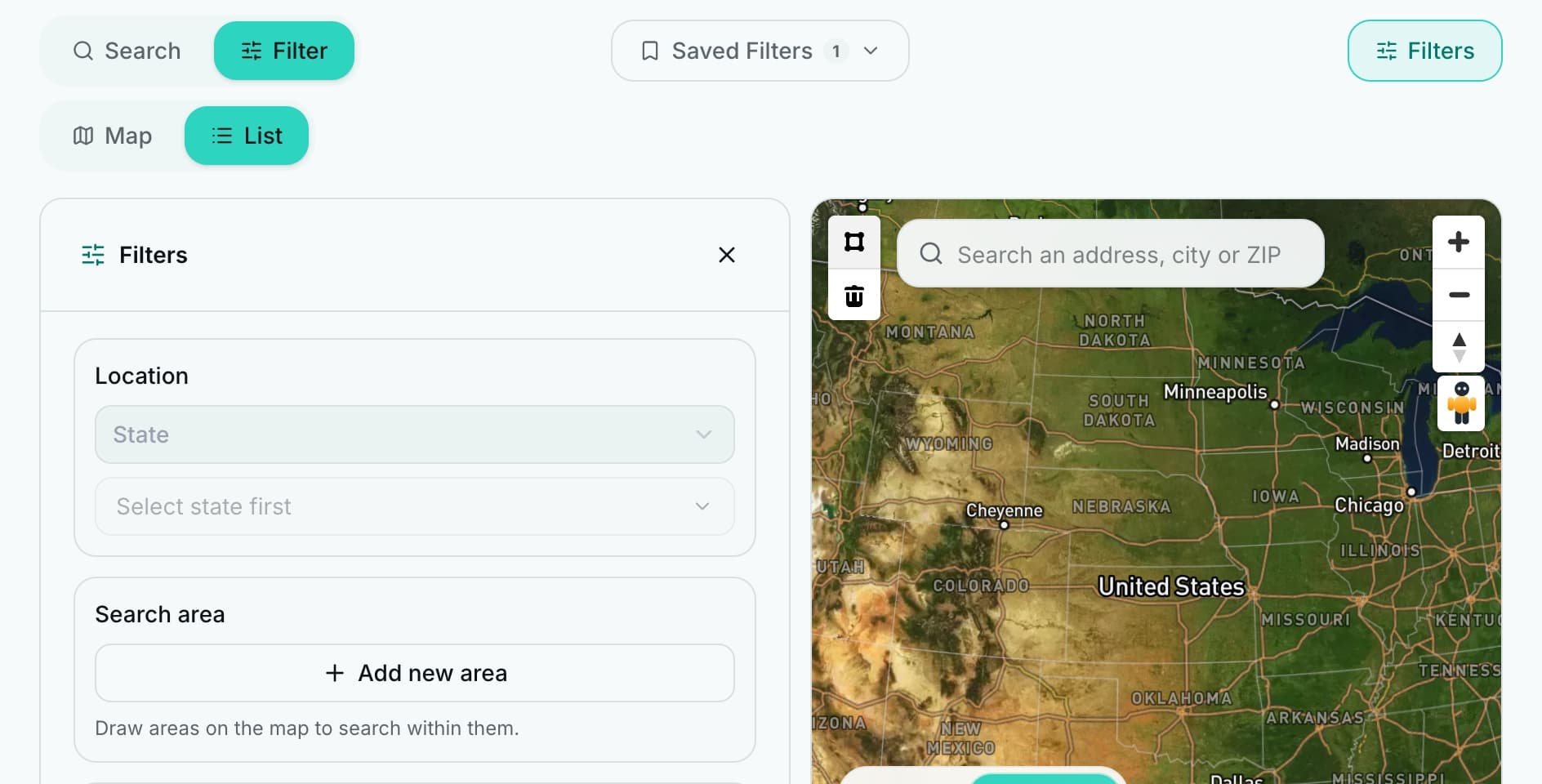 LandAtlas property data filters beside a satellite map for drawing a search area.